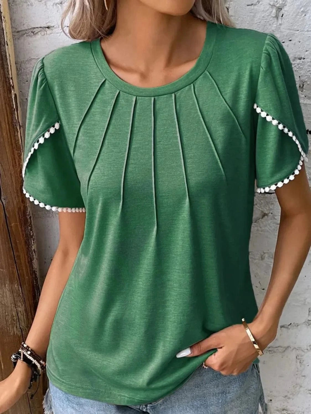 Full Size Round Neck Petal Sleeve Blouse Plus Size - ShalayeFashion