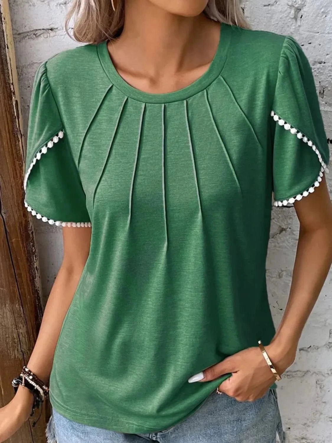 Full Size Round Neck Petal Sleeve Blouse Plus Size - ShalayeFashion