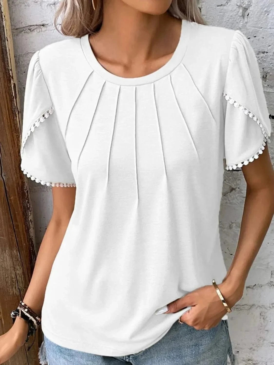 Full Size Round Neck Petal Sleeve Blouse Plus Size - ShalayeFashion