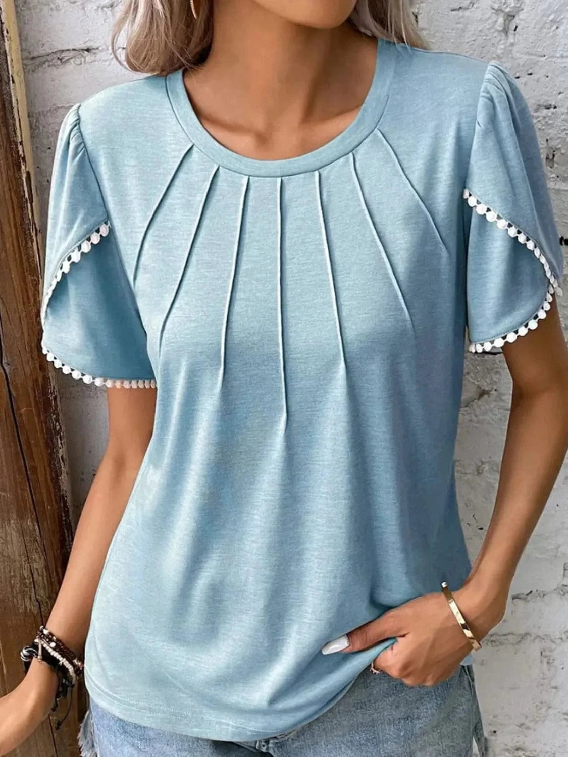 Full Size Round Neck Petal Sleeve Blouse Plus Size - ShalayeFashion