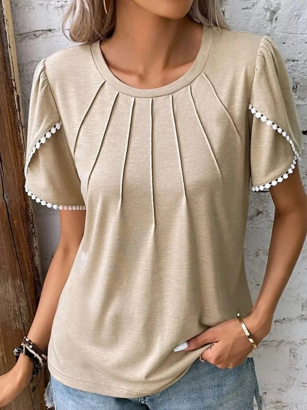 Full Size Round Neck Petal Sleeve Blouse Plus Size - ShalayeFashion