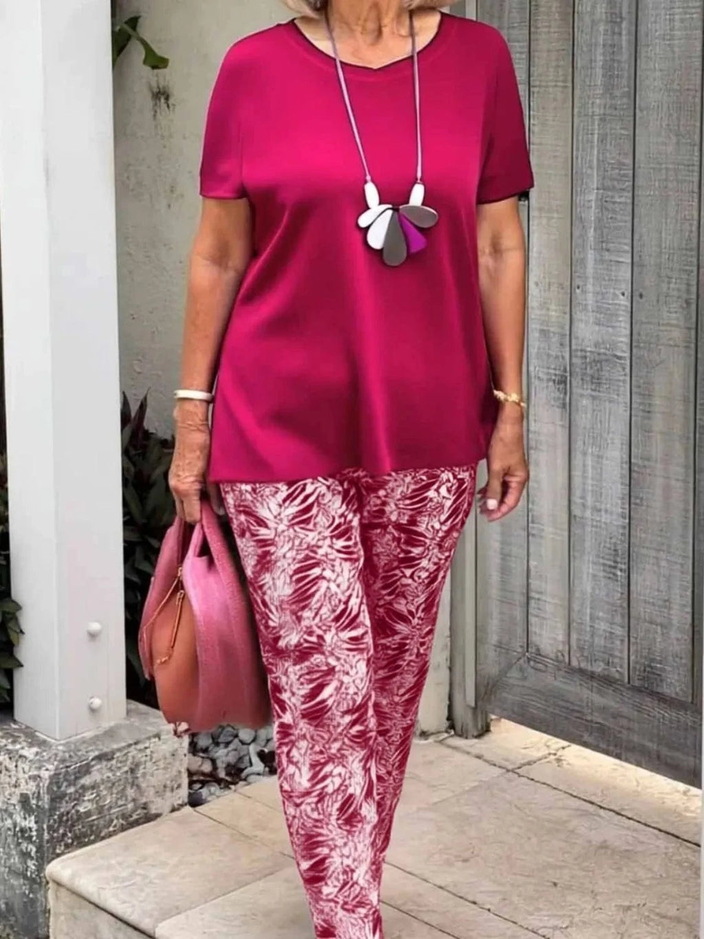 Full Size Round Neck Short Sleeve Top and Pants Set Plus Size - ShalayeFashion