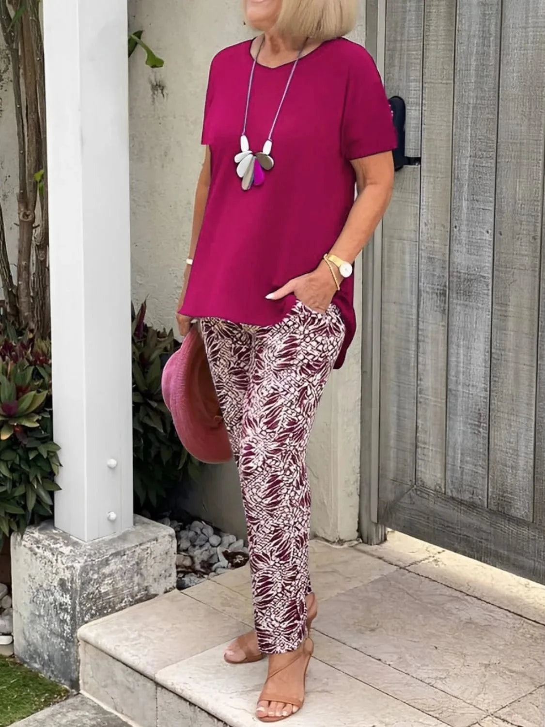 Full Size Round Neck Short Sleeve Top and Pants Set Plus Size - ShalayeFashion