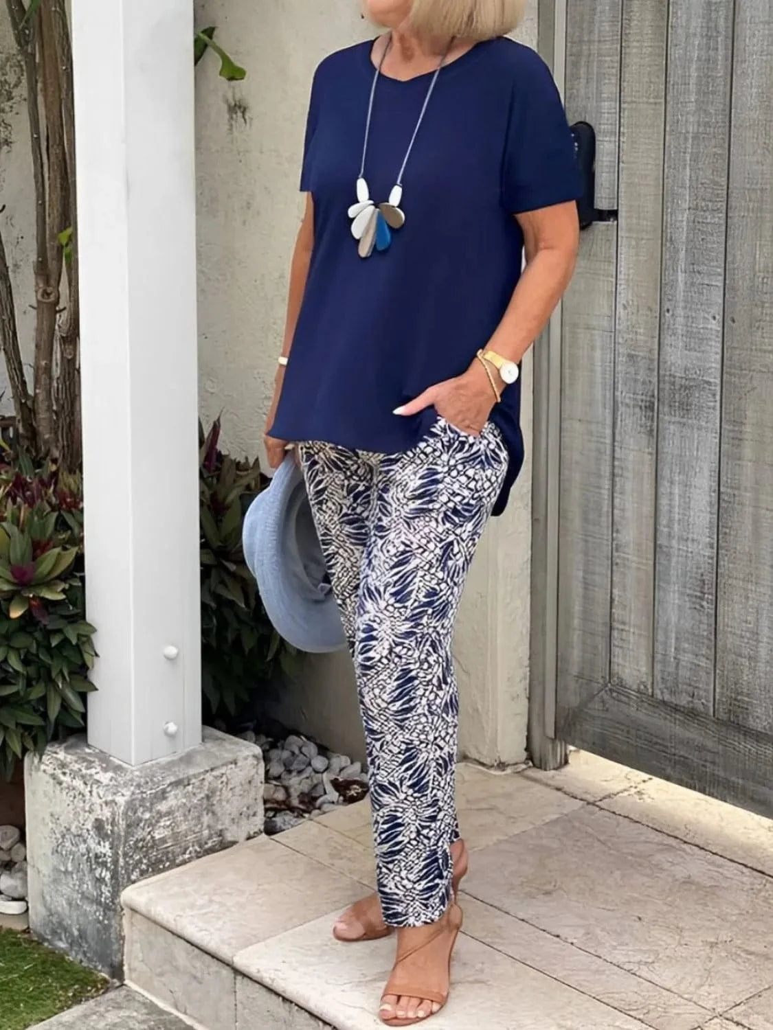 Full Size Round Neck Short Sleeve Top and Pants Set Plus Size - ShalayeFashion