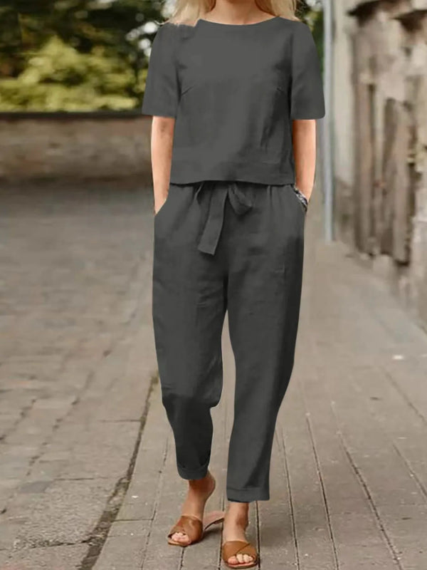 Full Size Round Neck Short Sleeve Top and Pants Set Plus Size - ShalayeFashion