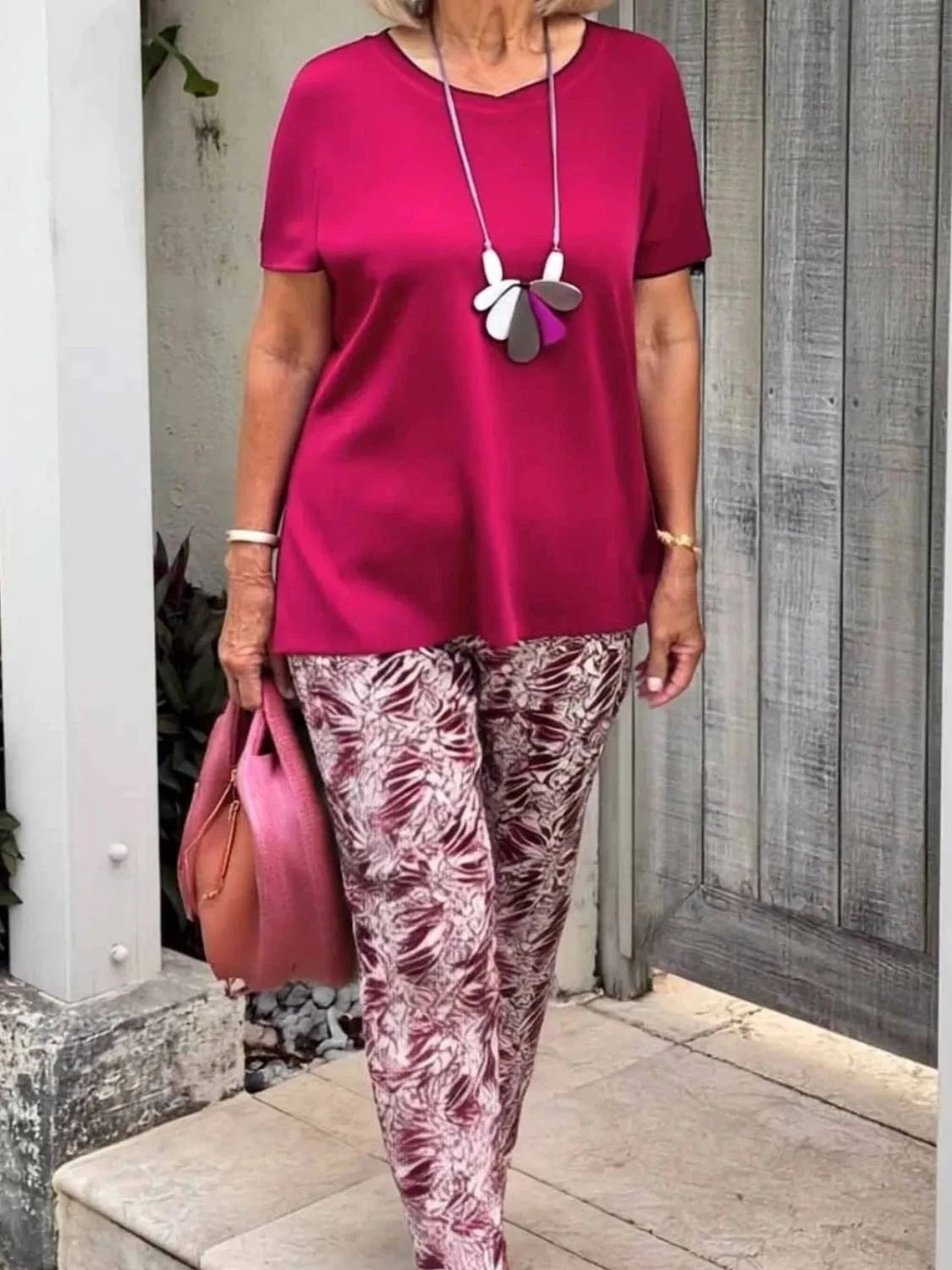 Full Size Round Neck Short Sleeve Top and Pants Set Plus Size - ShalayeFashion