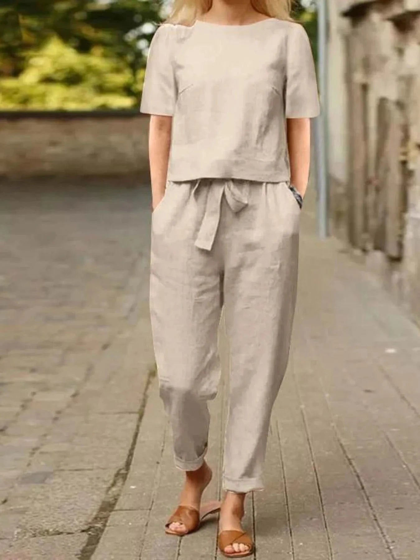 Full Size Round Neck Short Sleeve Top and Pants Set Plus Size - ShalayeFashion