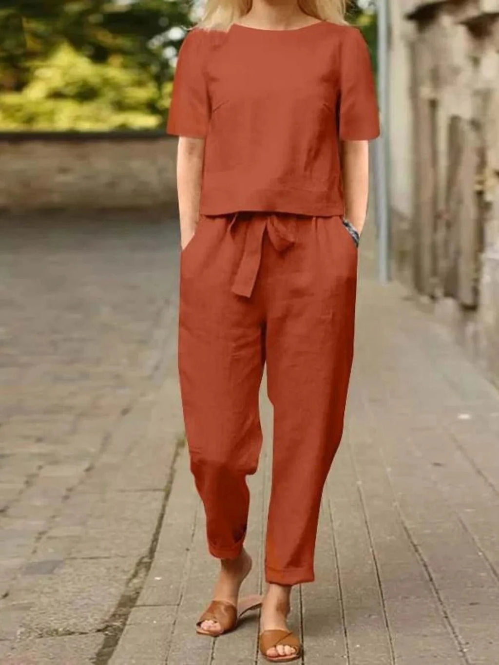 Full Size Round Neck Short Sleeve Top and Pants Set Plus Size - ShalayeFashion