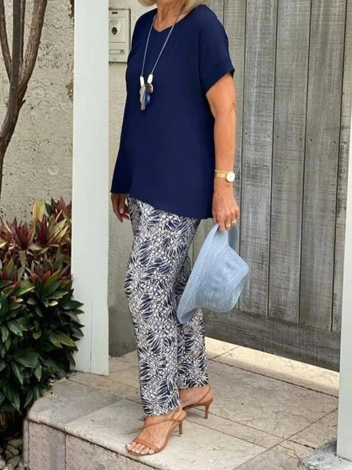 Full Size Round Neck Short Sleeve Top and Pants Set Plus Size - ShalayeFashion