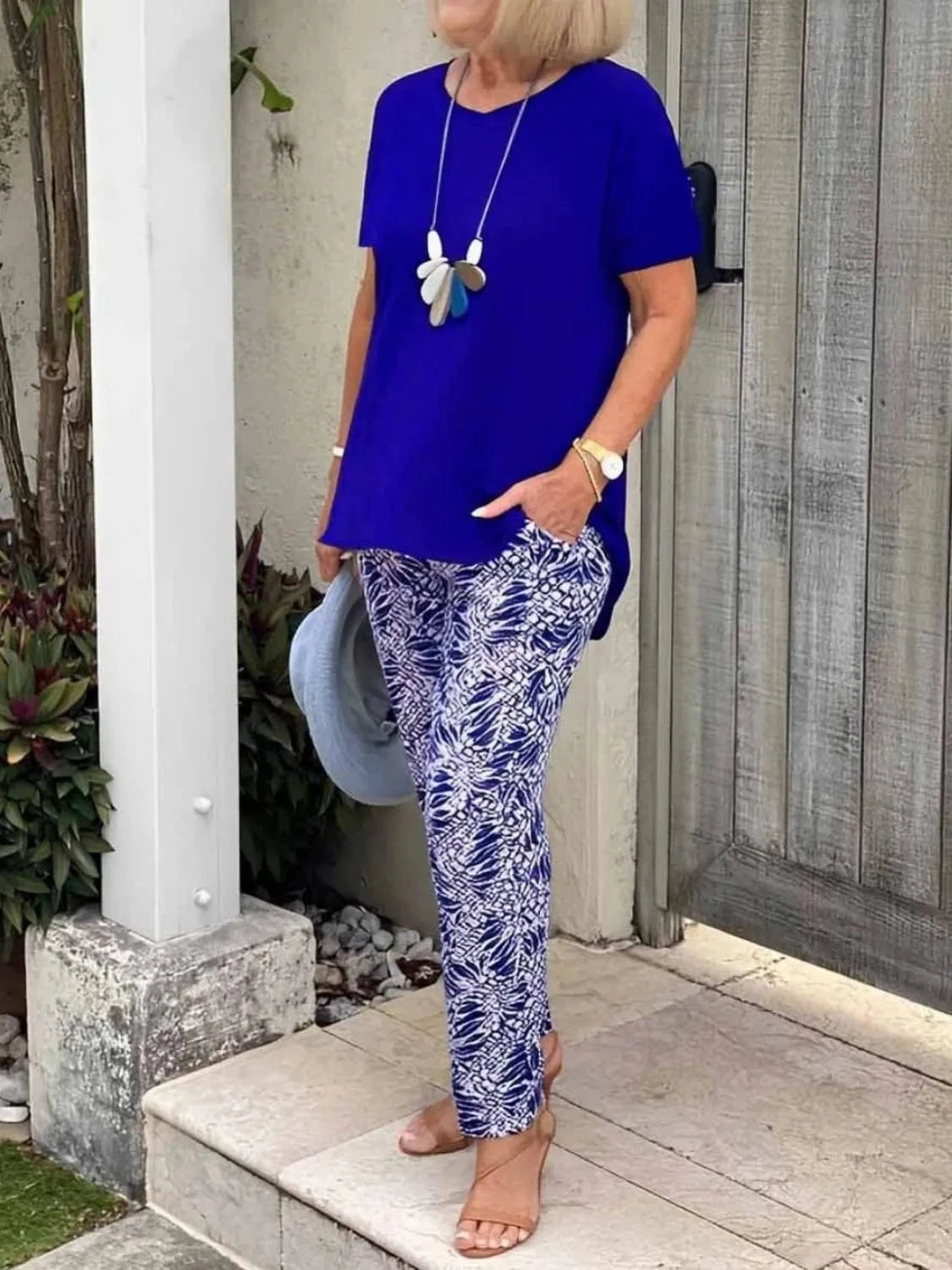 Full Size Round Neck Short Sleeve Top and Pants Set Plus Size - ShalayeFashion