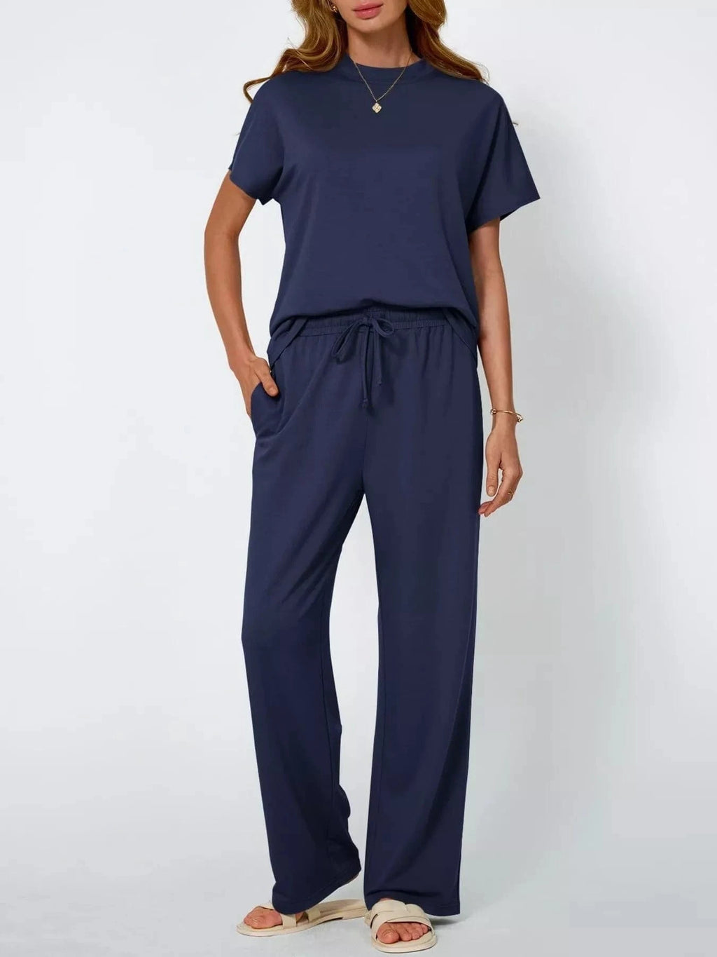 Full Size Round Neck Short Sleeve Top and Pants Set Plus Size - ShalayeFashion