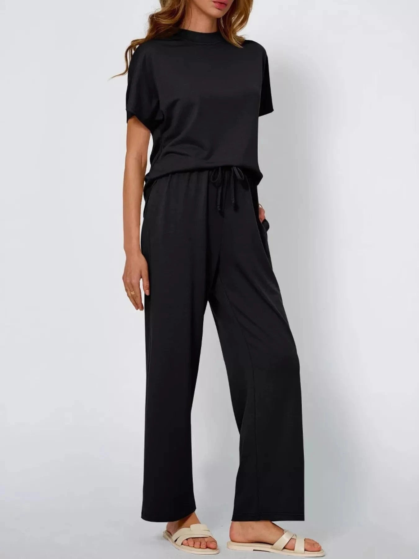 Full Size Round Neck Short Sleeve Top and Pants Set Plus Size - ShalayeFashion