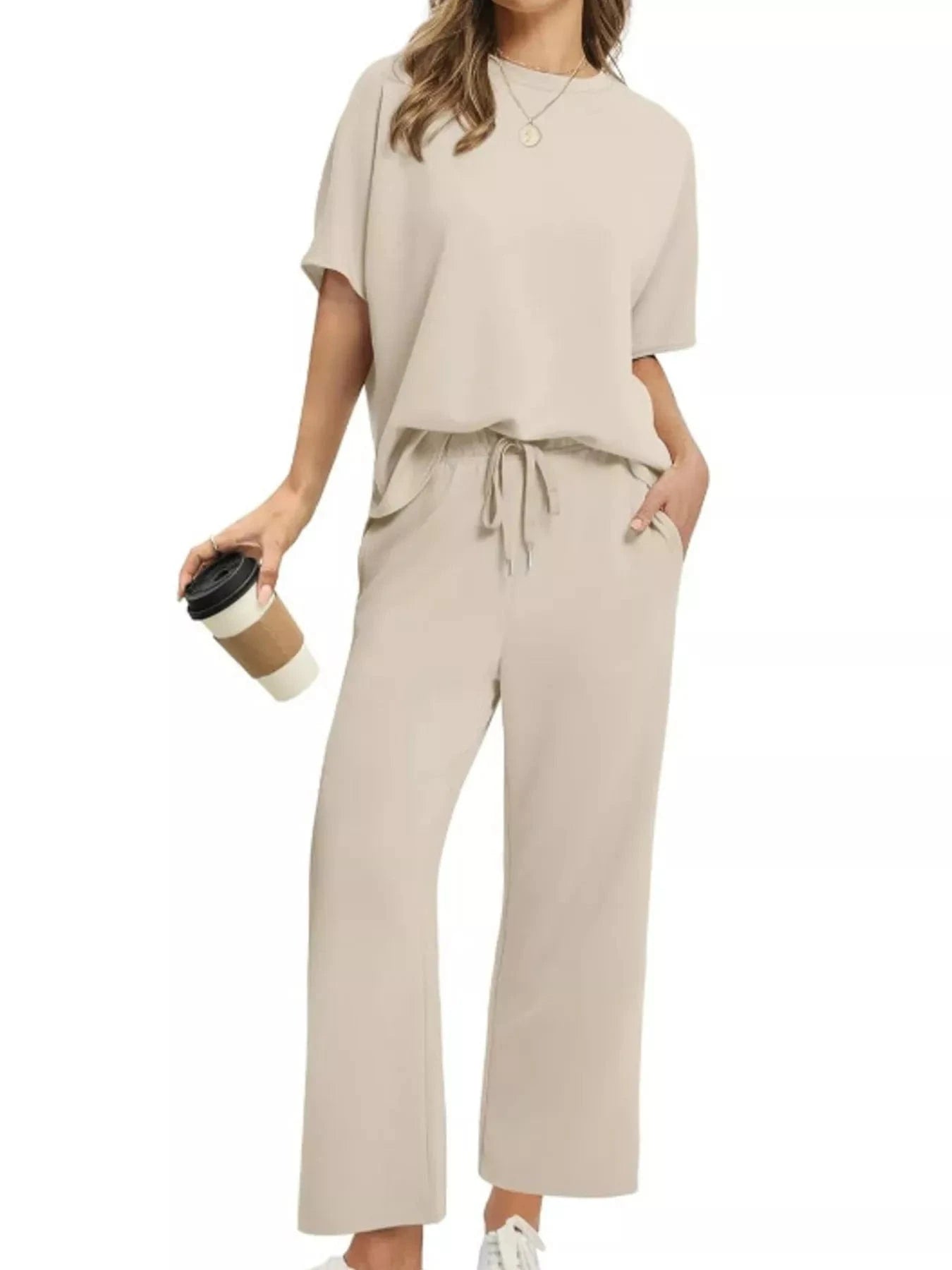 Full Size Round Neck Short Sleeve Top and Pants Set Plus Size - ShalayeFashion