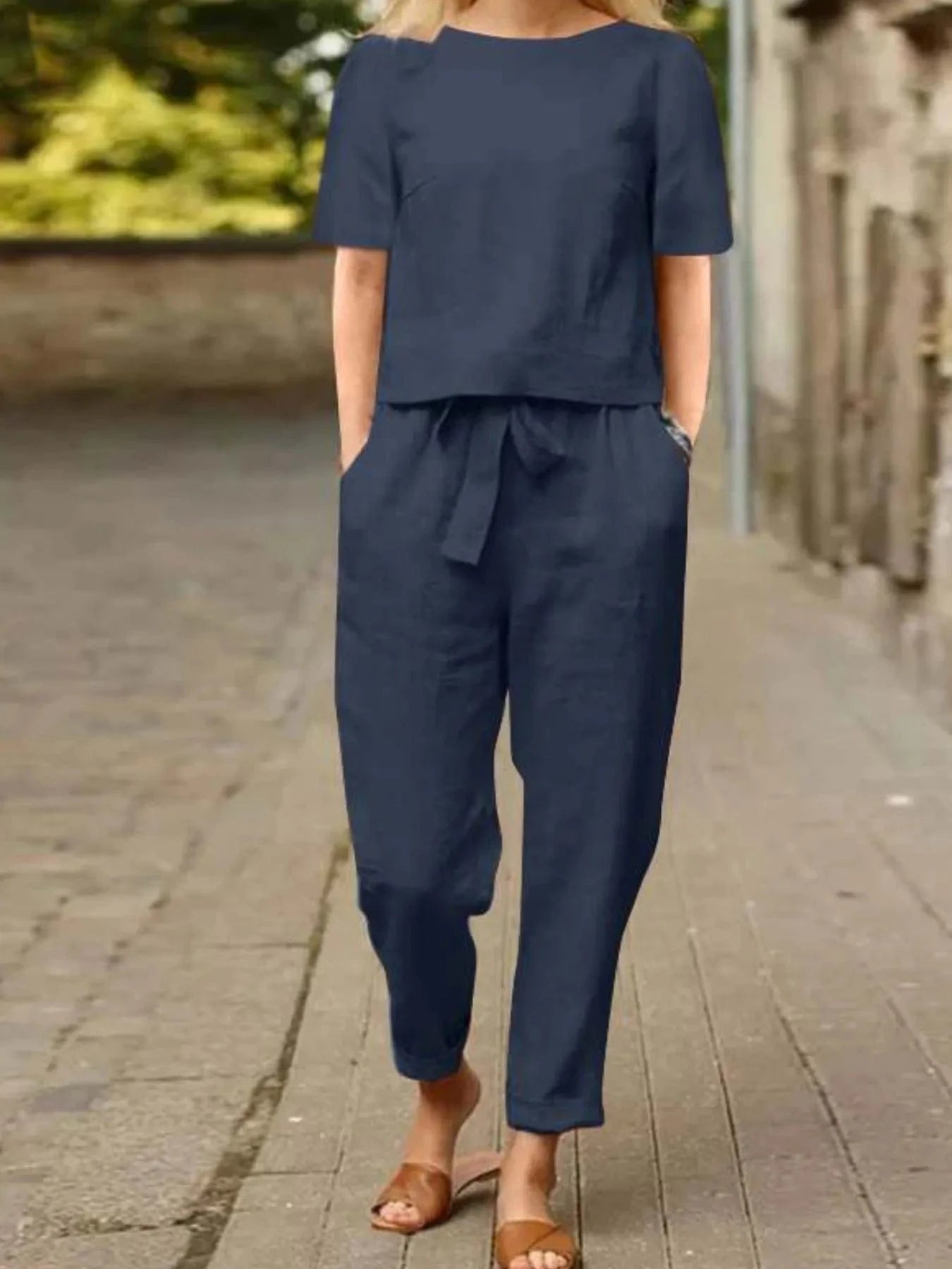 Full Size Round Neck Short Sleeve Top and Pants Set Plus Size - ShalayeFashion