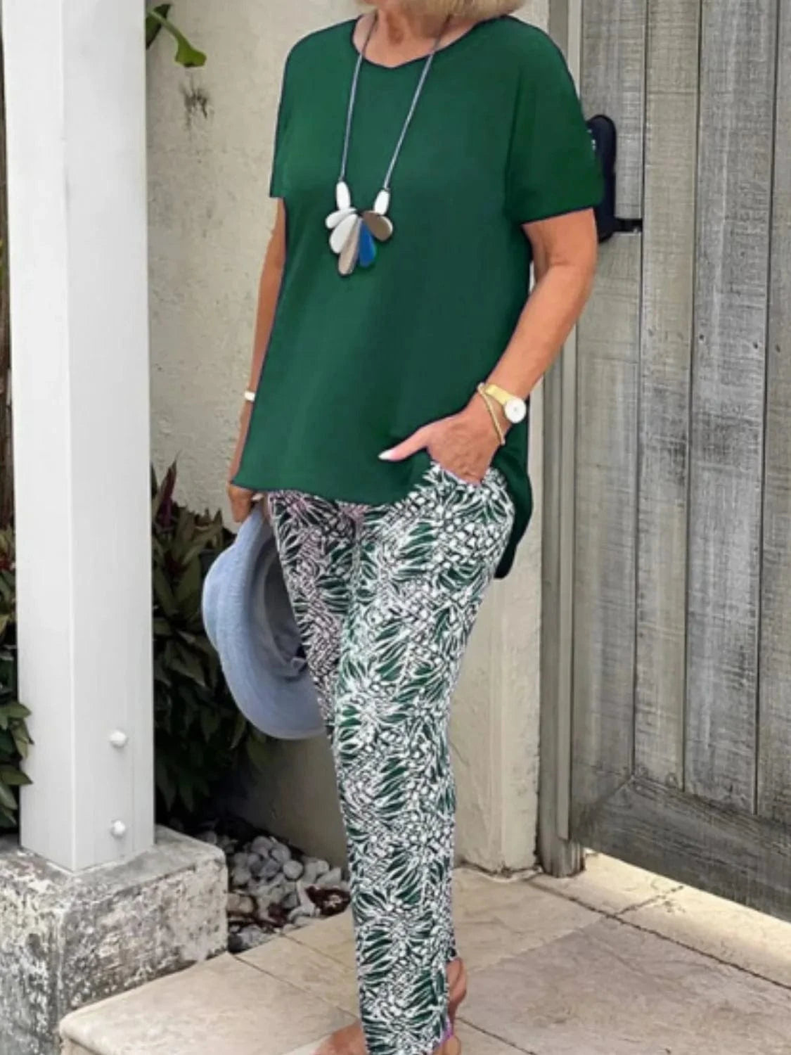 Full Size Round Neck Short Sleeve Top and Pants Set Plus Size - ShalayeFashion
