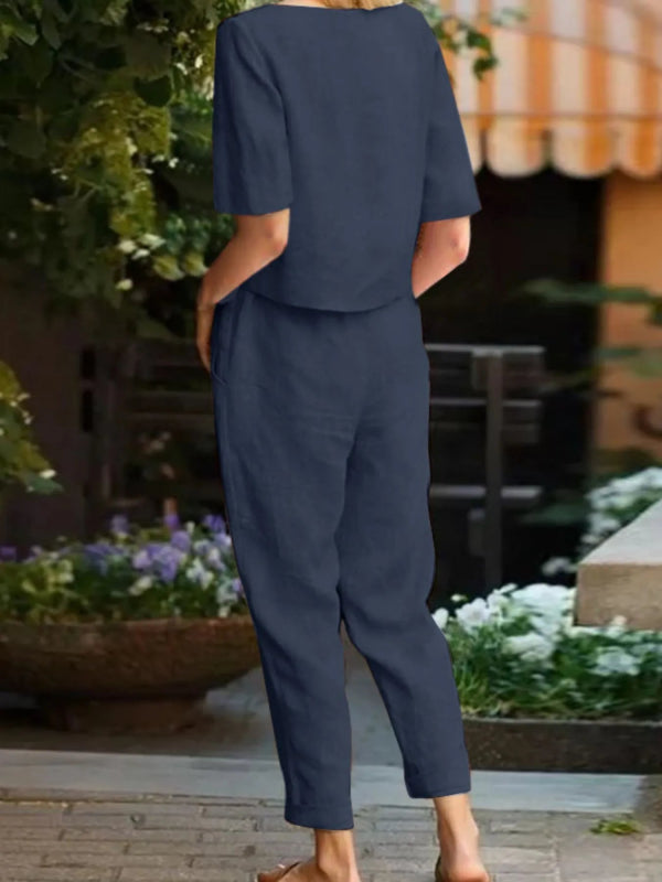 Full Size Round Neck Short Sleeve Top and Pants Set Plus Size - ShalayeFashion