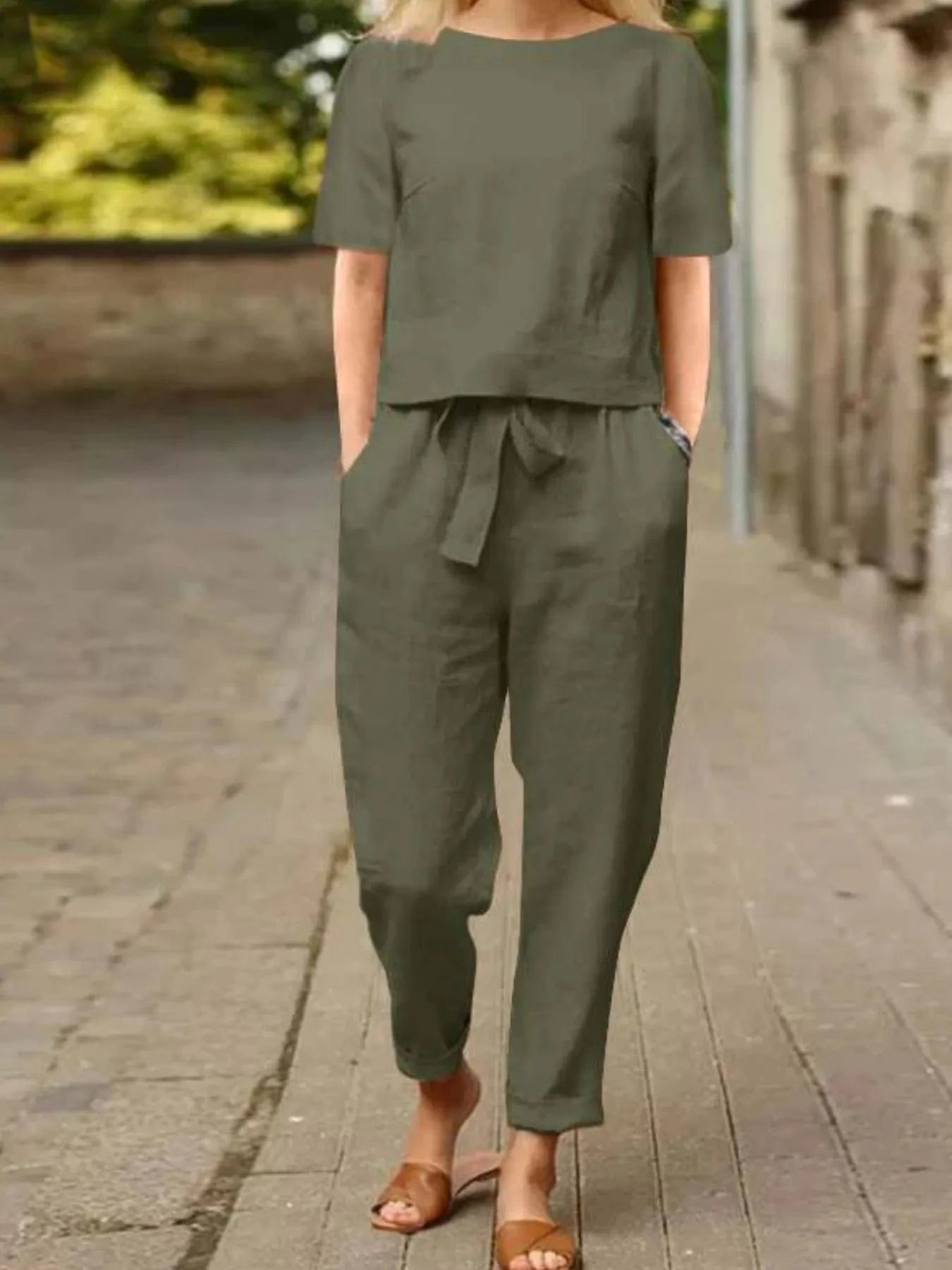 Full Size Round Neck Short Sleeve Top and Pants Set Plus Size - ShalayeFashion