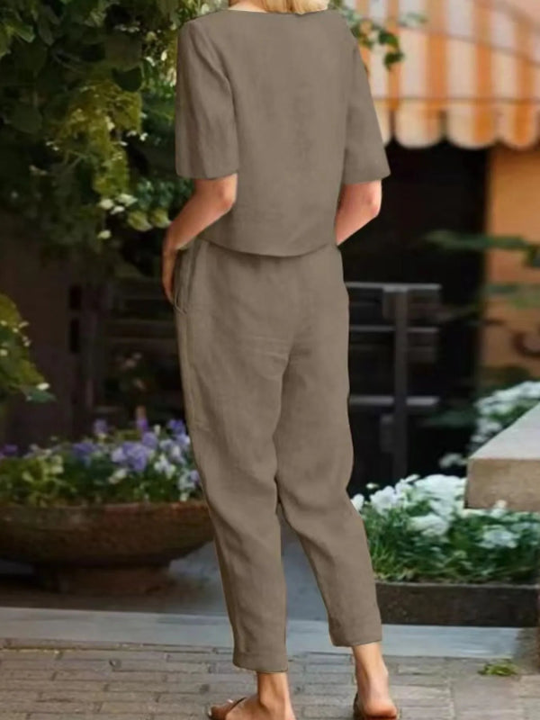 Full Size Round Neck Short Sleeve Top and Pants Set Plus Size - ShalayeFashion