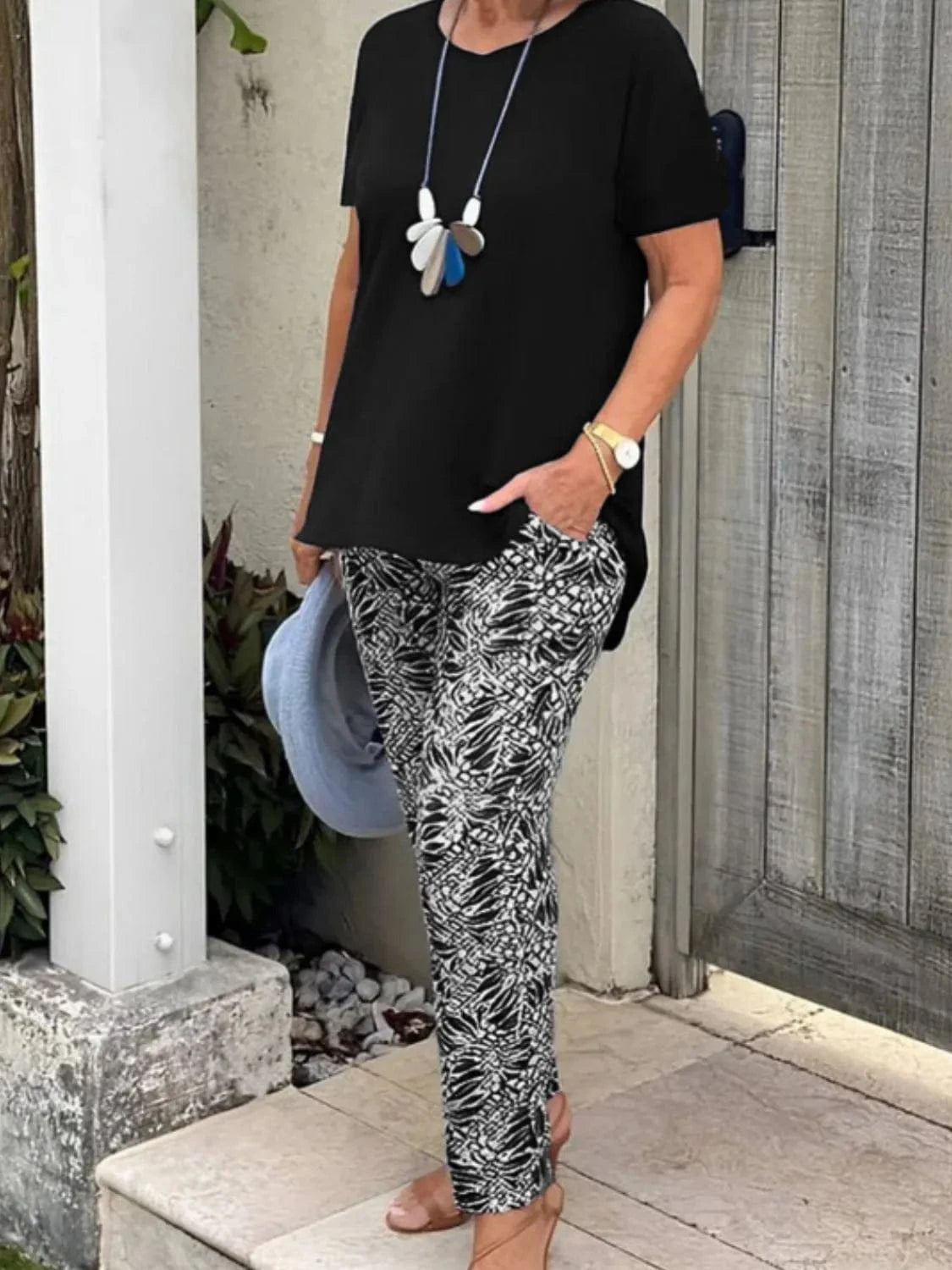 Full Size Round Neck Short Sleeve Top and Pants Set Plus Size - ShalayeFashion