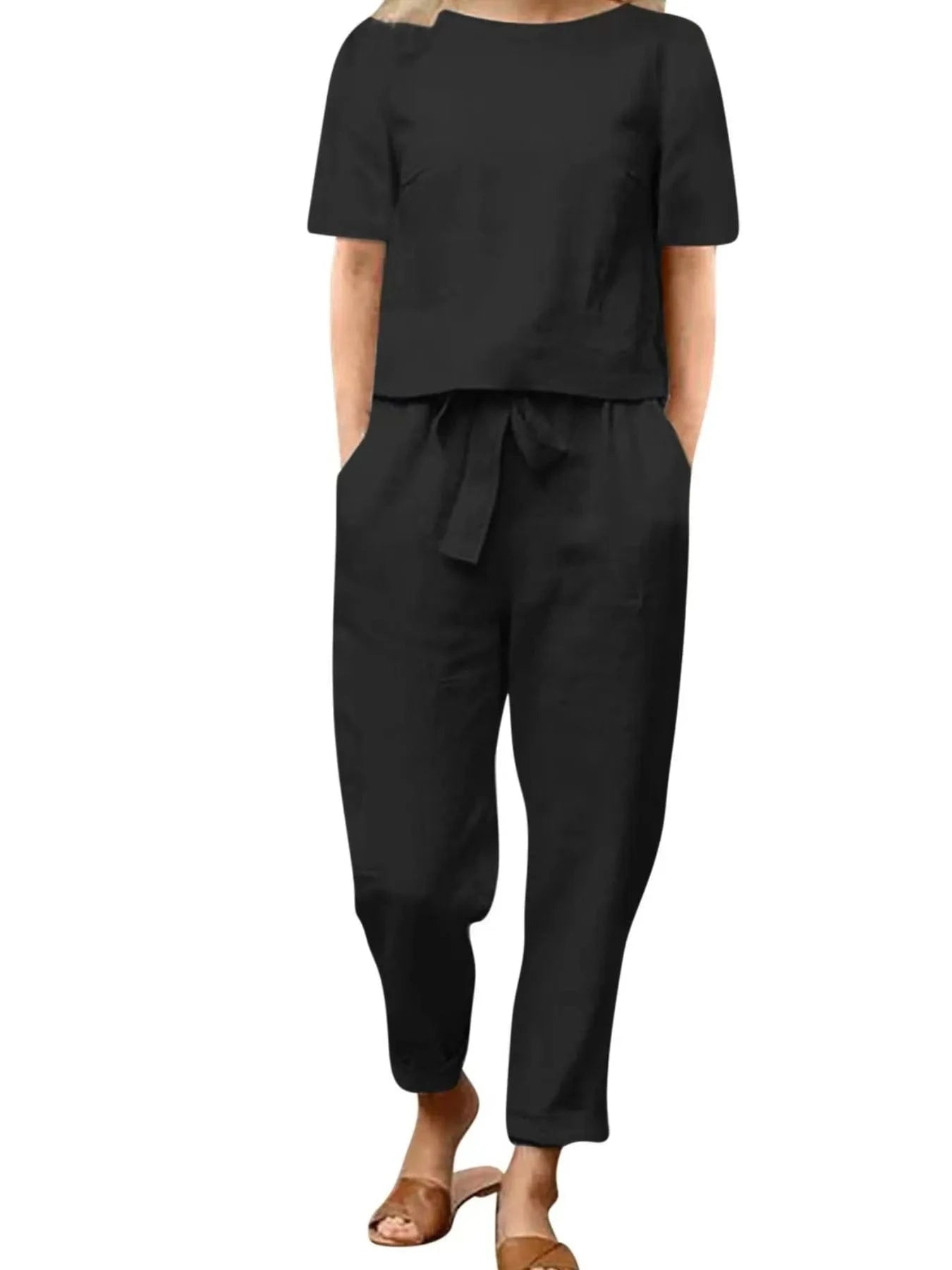 Full Size Round Neck Short Sleeve Top and Pants Set Plus Size - ShalayeFashion
