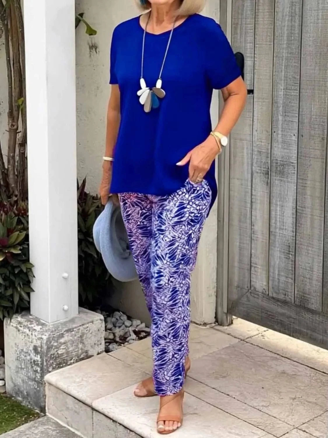 Full Size Round Neck Short Sleeve Top and Pants Set Plus Size - ShalayeFashion