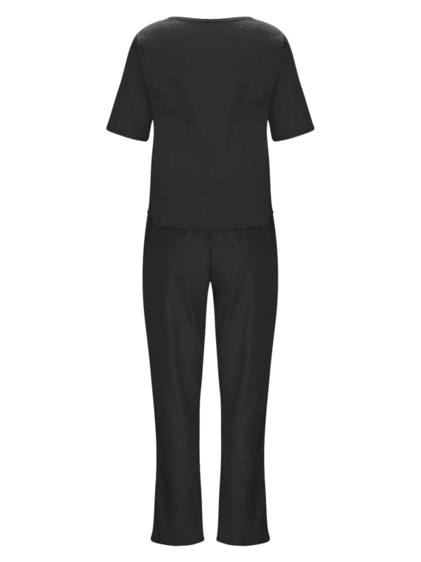 Full Size Round Neck Short Sleeve Top and Pants Set Plus Size - ShalayeFashion
