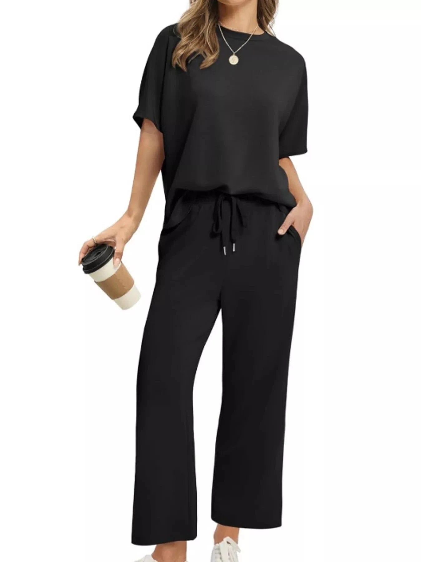 Full Size Round Neck Short Sleeve Top and Pants Set Plus Size - ShalayeFashion