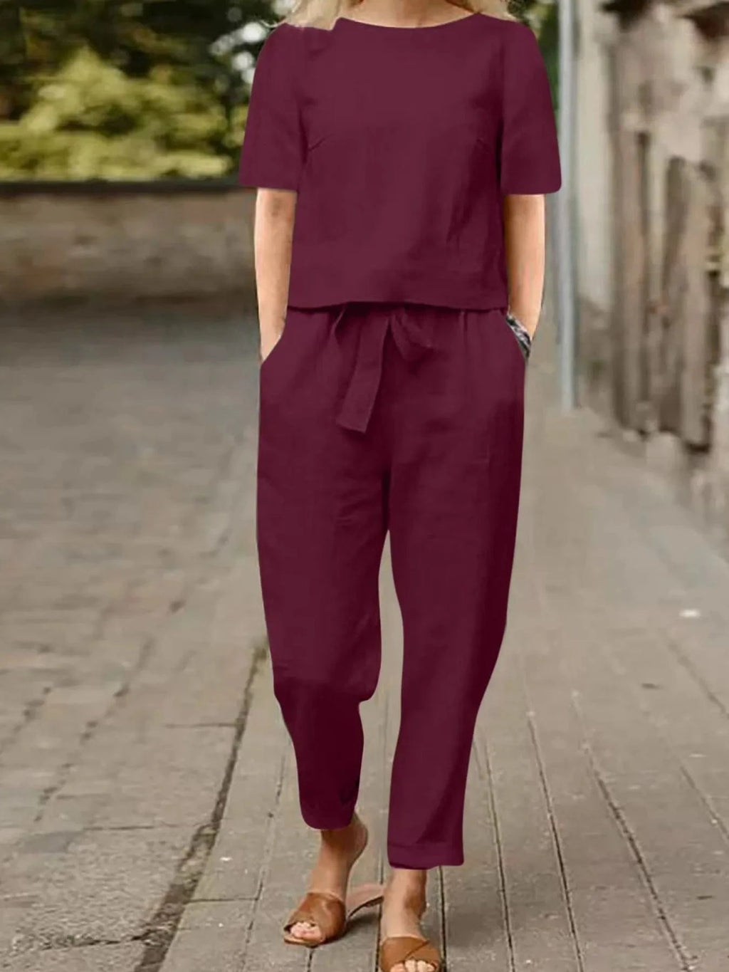Full Size Round Neck Short Sleeve Top and Pants Set Plus Size - ShalayeFashion