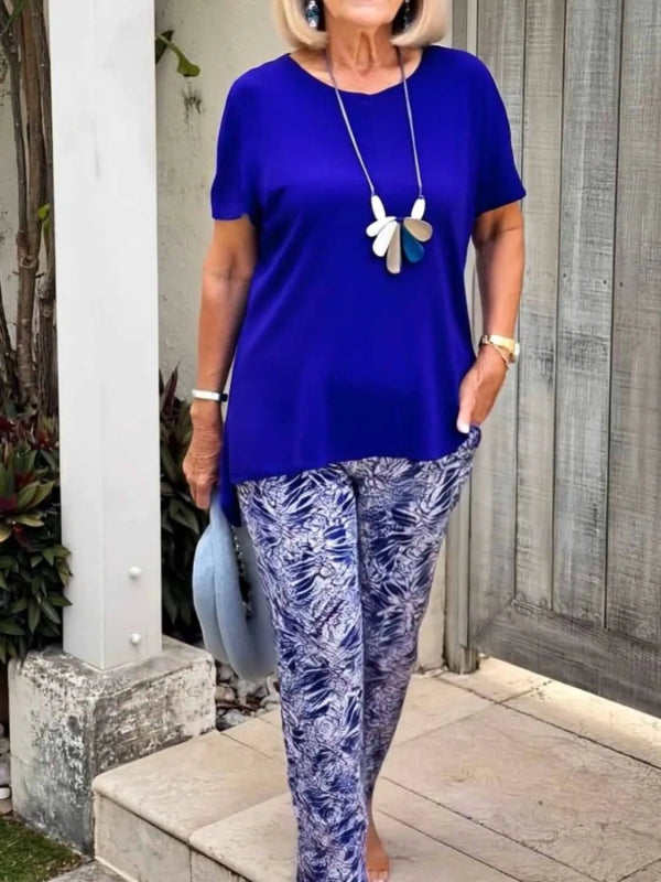 Full Size Round Neck Short Sleeve Top and Pants Set Plus Size - ShalayeFashion