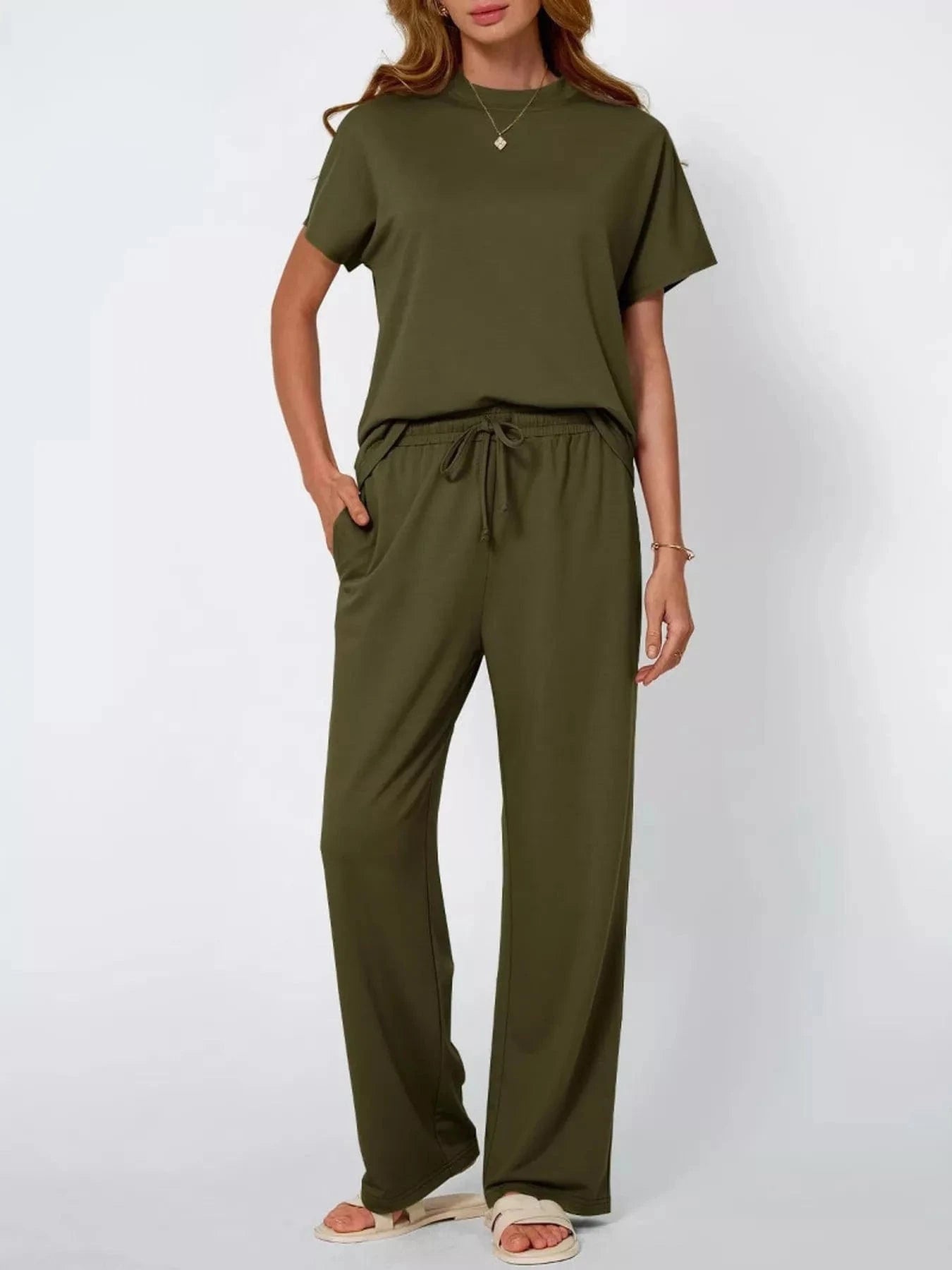 Full Size Round Neck Short Sleeve Top and Pants Set Plus Size - ShalayeFashion