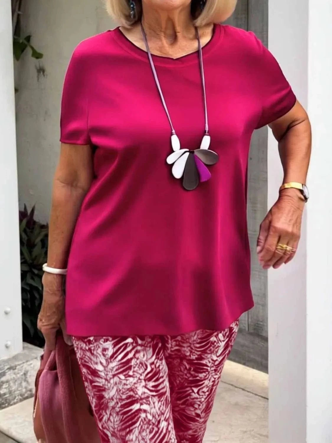 Full Size Round Neck Short Sleeve Top and Pants Set Plus Size - ShalayeFashion