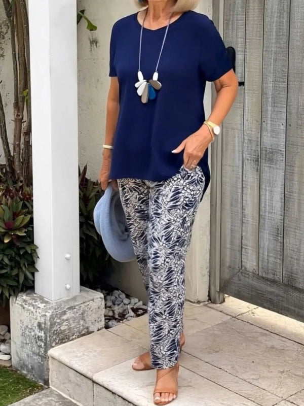 Full Size Round Neck Short Sleeve Top and Pants Set Plus Size - ShalayeFashion