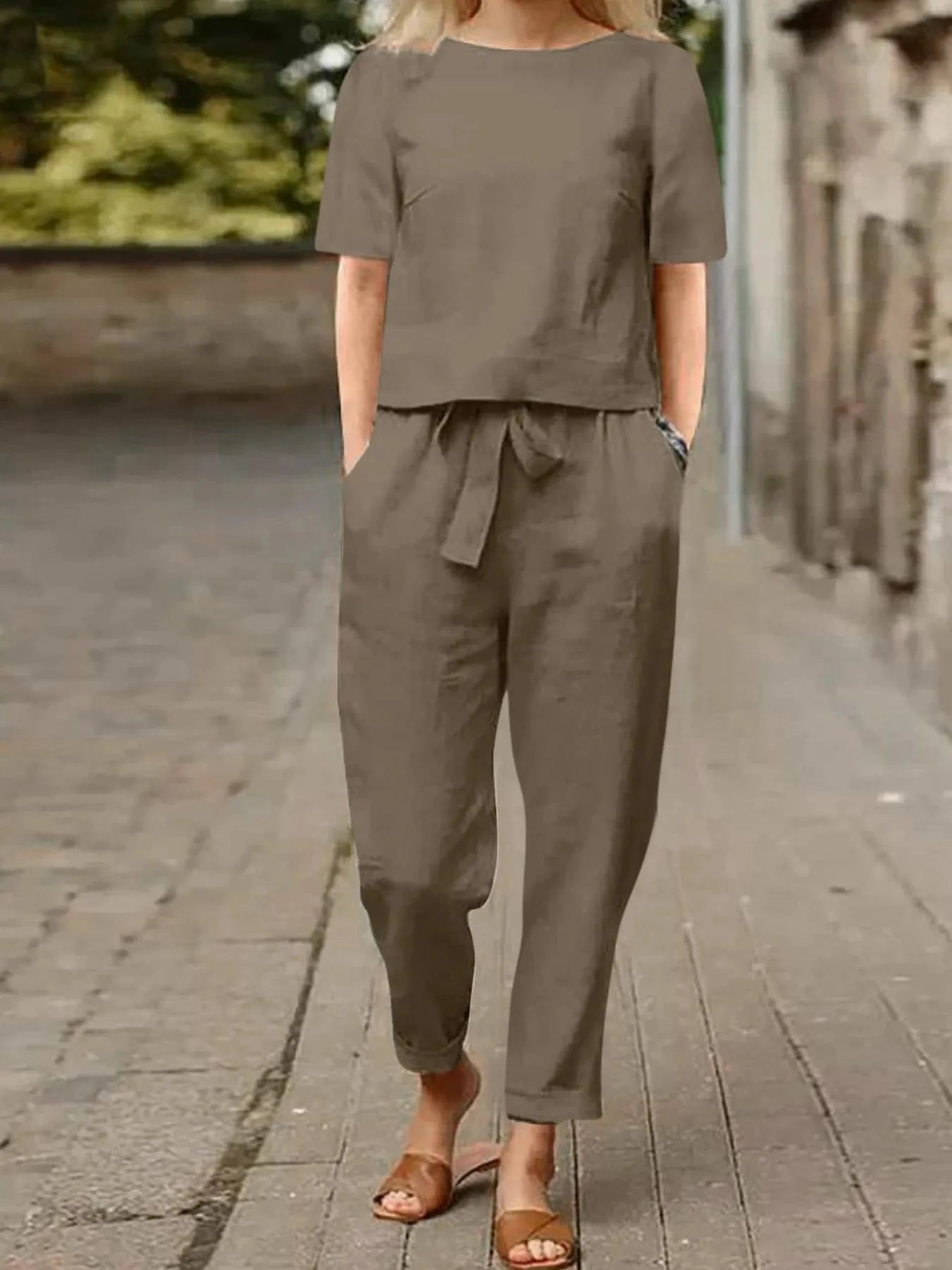 Full Size Round Neck Short Sleeve Top and Pants Set Plus Size - ShalayeFashion