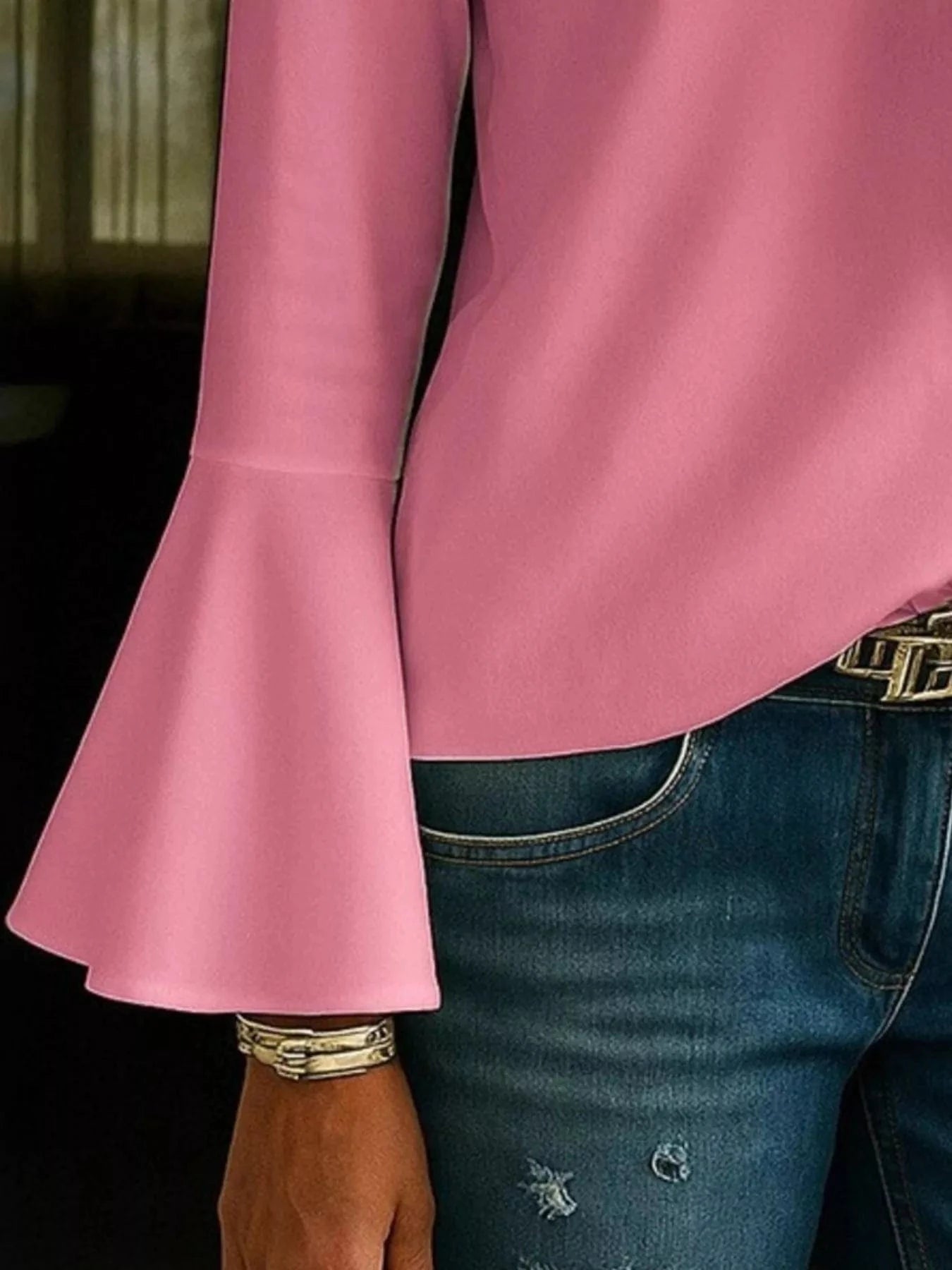 Full Size Ruffled V - Neck Long Sleeve Blouse Plus Size - ShalayeFashion