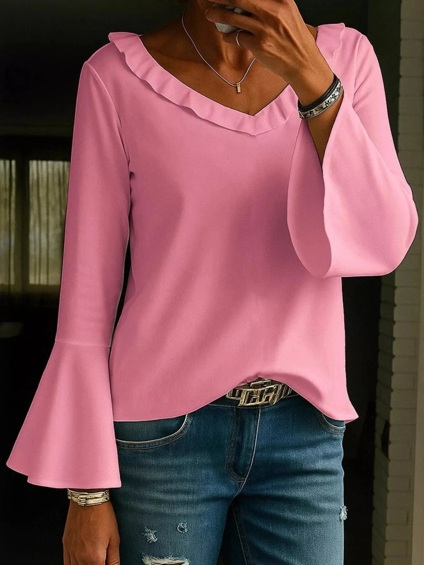Full Size Ruffled V - Neck Long Sleeve Blouse Plus Size - ShalayeFashion