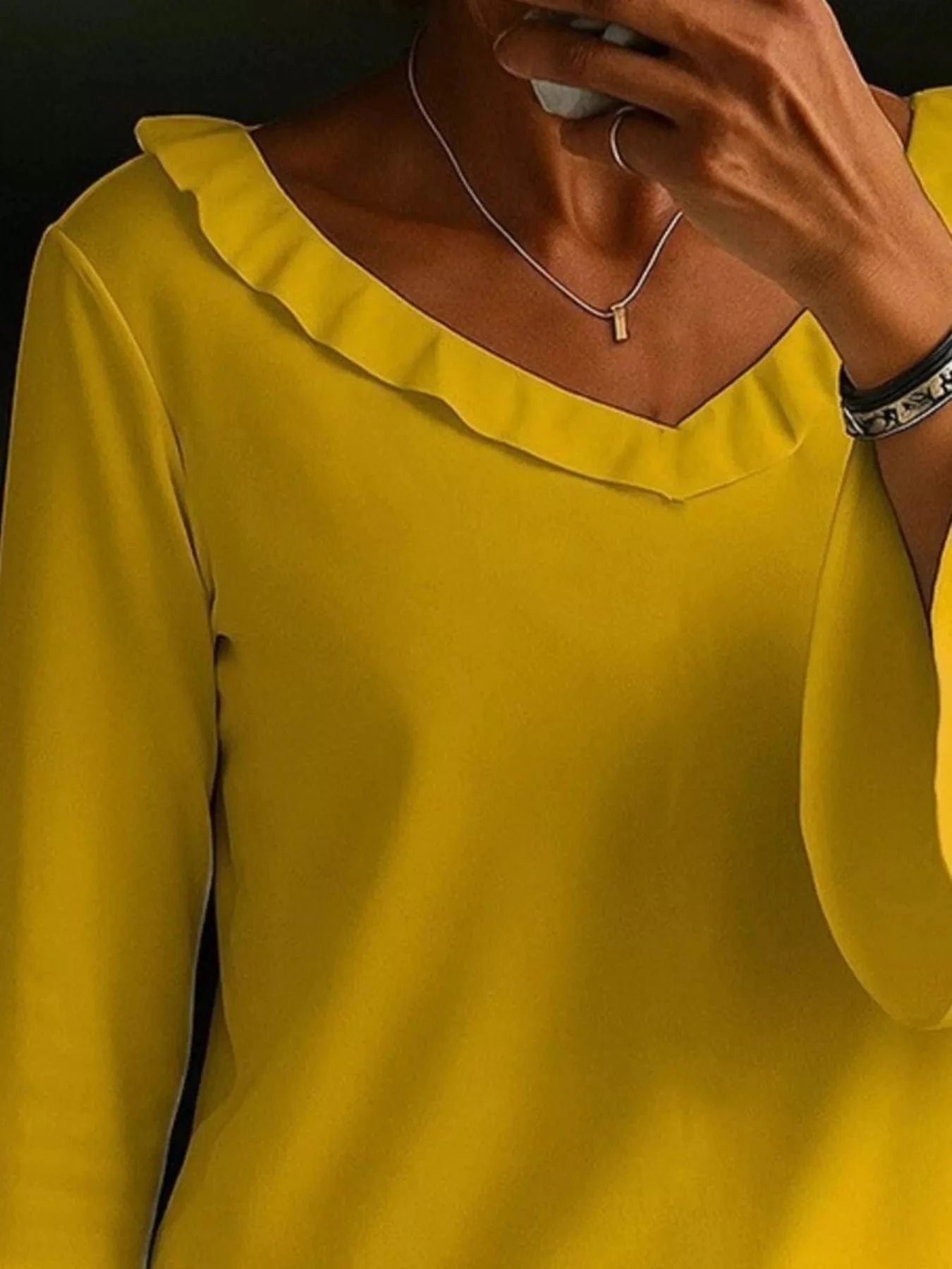 Full Size Ruffled V - Neck Long Sleeve Blouse Plus Size - ShalayeFashion