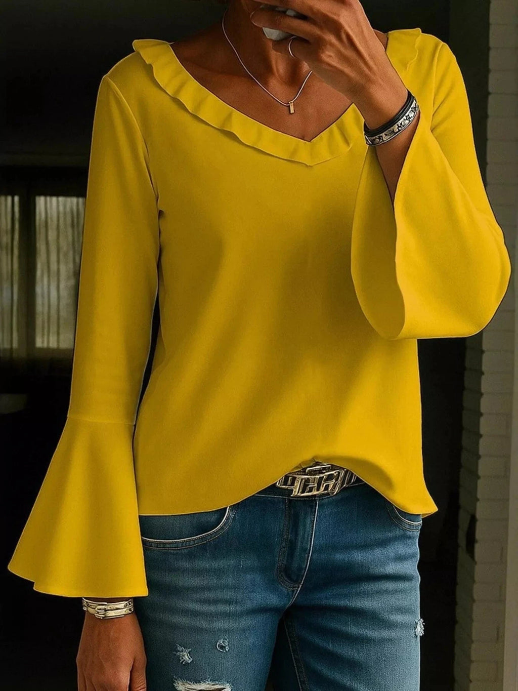 Full Size Ruffled V - Neck Long Sleeve Blouse Plus Size - ShalayeFashion
