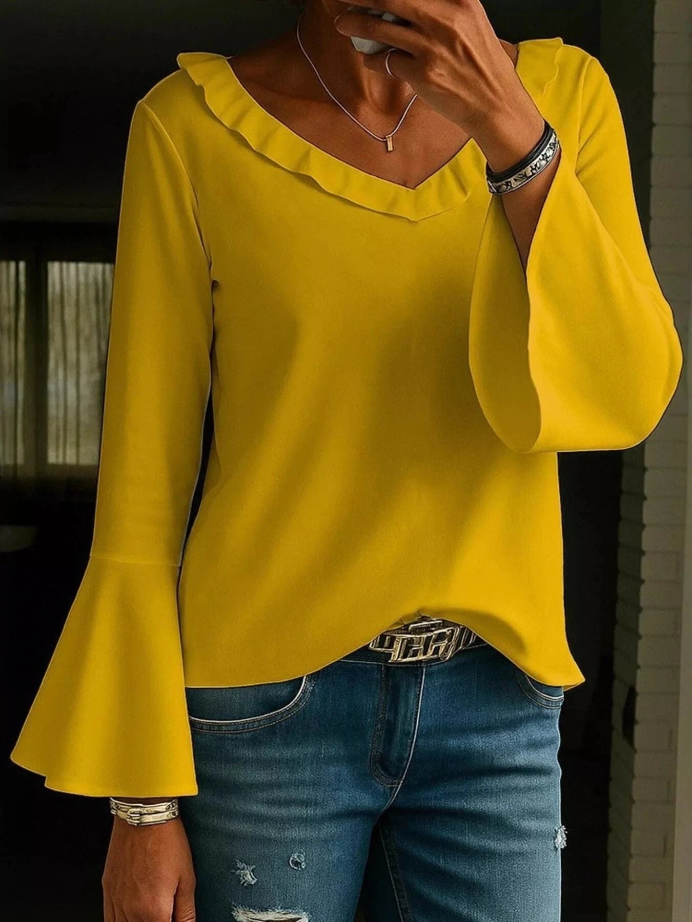 Full Size Ruffled V - Neck Long Sleeve Blouse Plus Size - ShalayeFashion