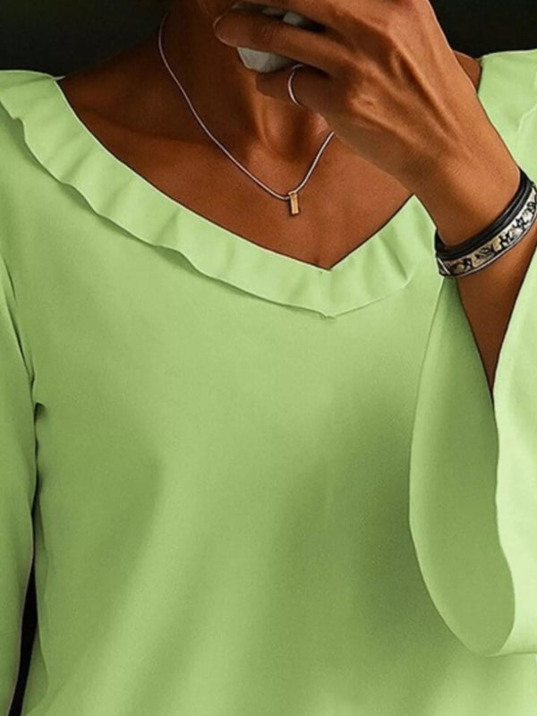 Full Size Ruffled V - Neck Long Sleeve Blouse Plus Size - ShalayeFashion