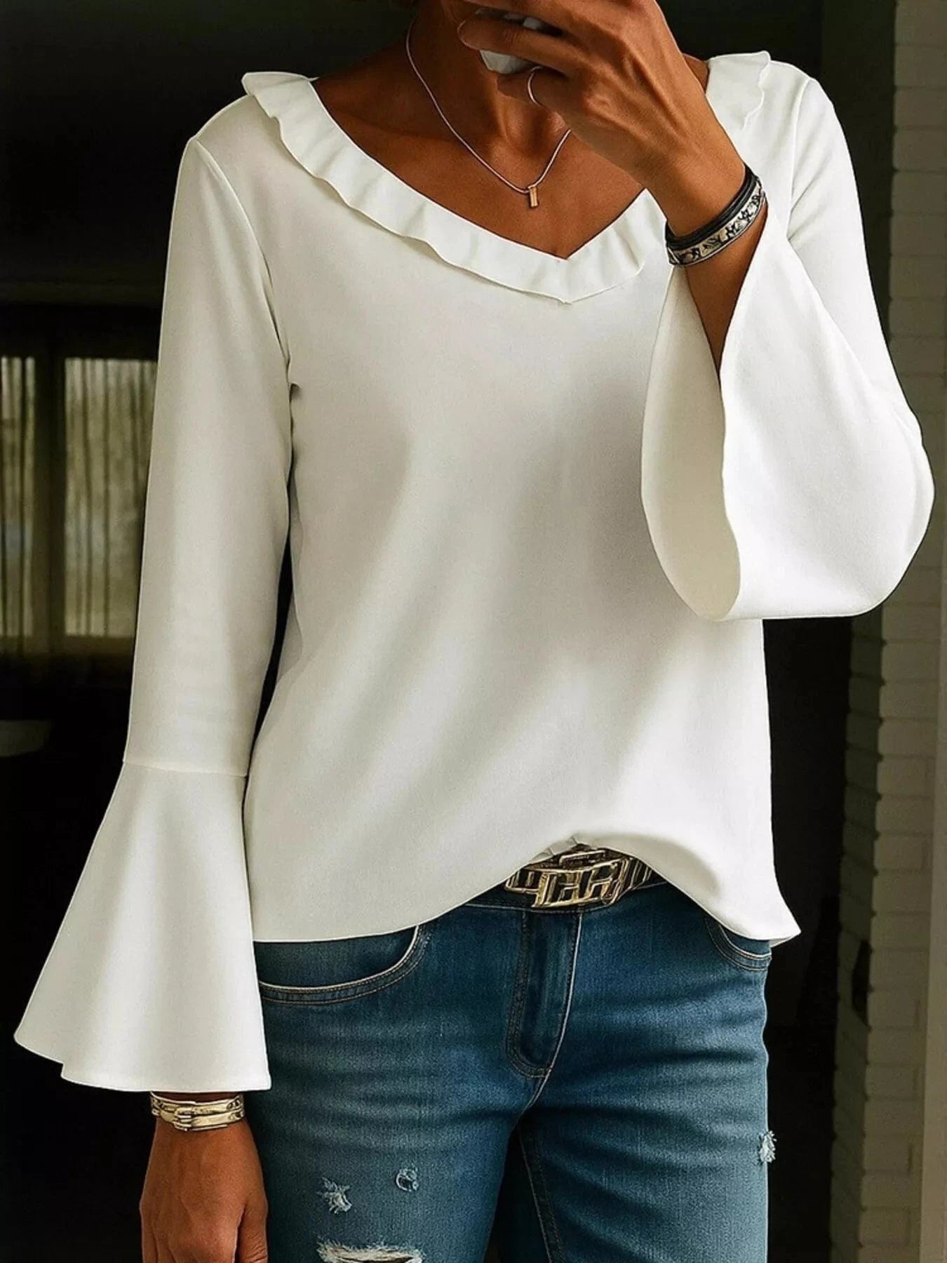 Full Size Ruffled V - Neck Long Sleeve Blouse Plus Size - ShalayeFashion