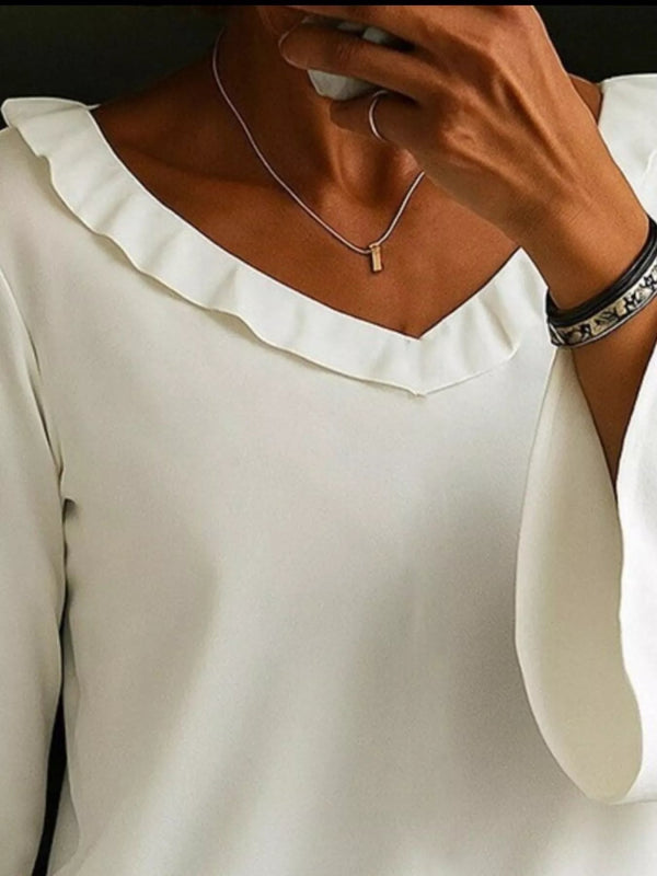 Full Size Ruffled V - Neck Long Sleeve Blouse Plus Size - ShalayeFashion