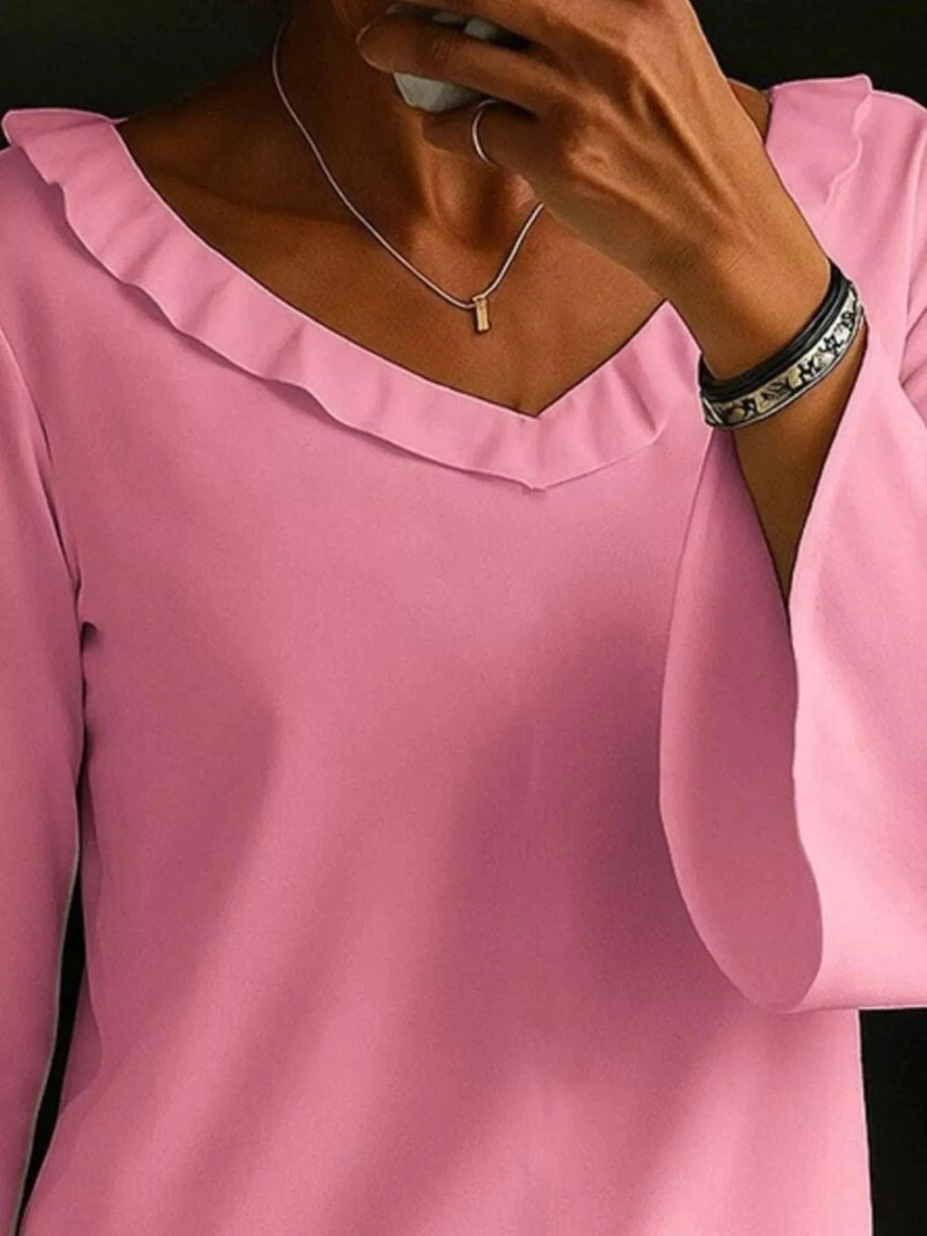 Full Size Ruffled V - Neck Long Sleeve Blouse Plus Size - ShalayeFashion