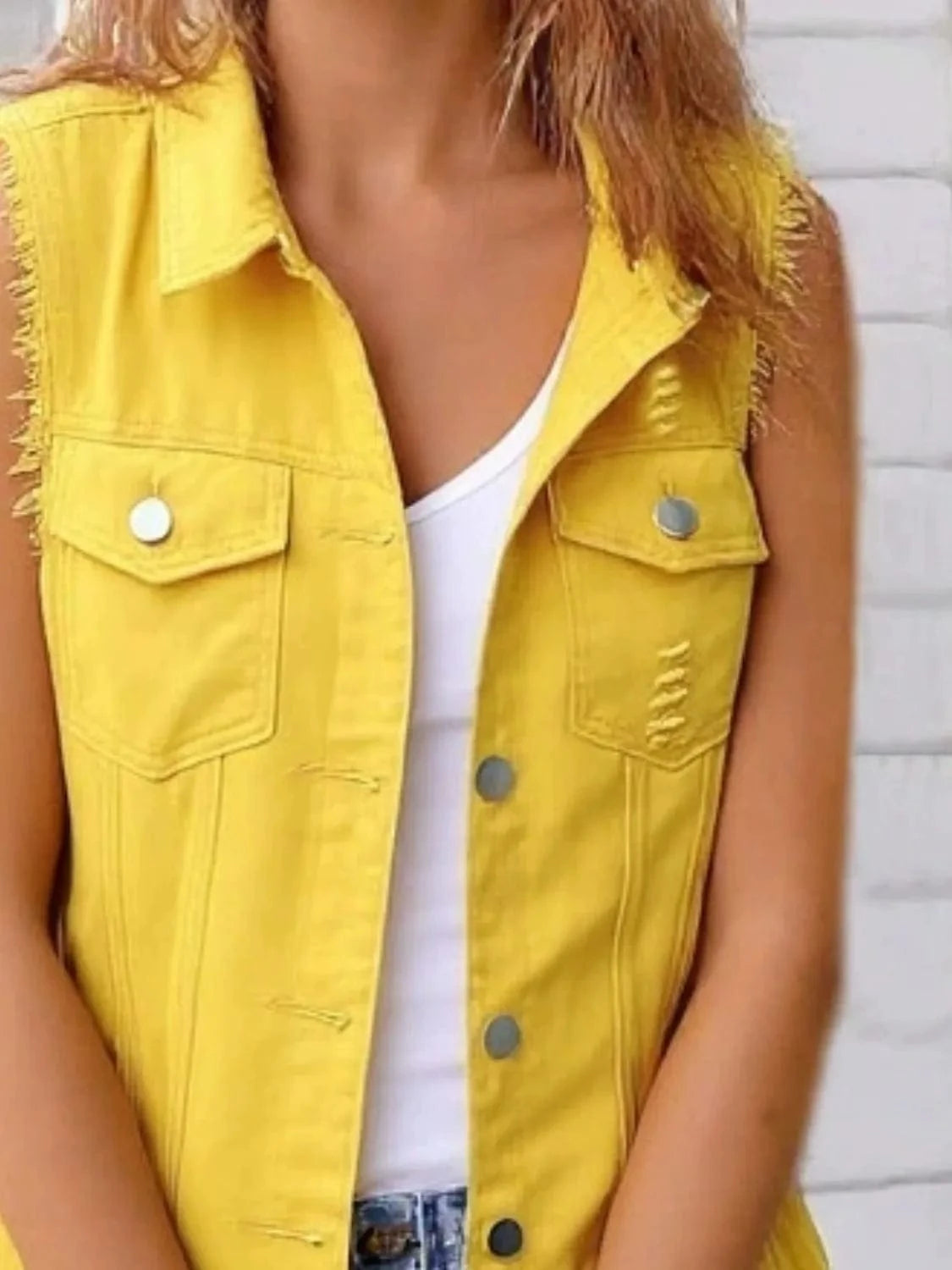 Full Size Sleeveless Frayed Denim Vest Jacket Plus Size - ShalayeFashion