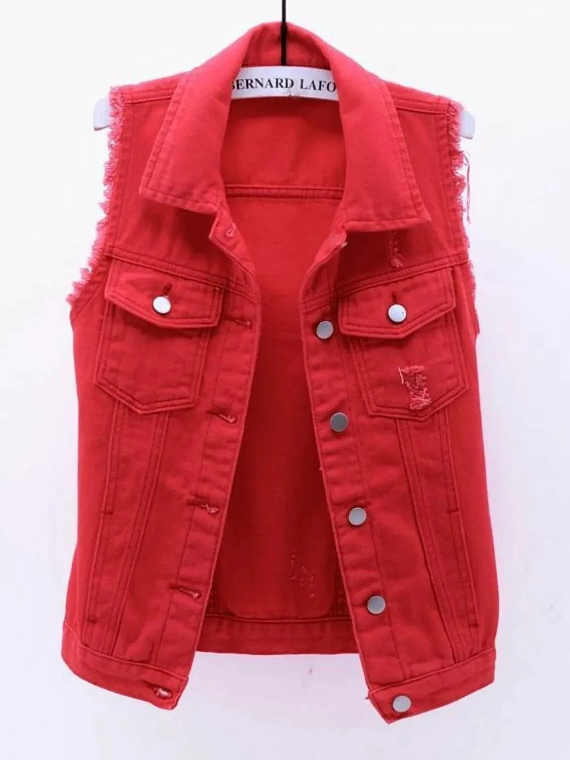 Full Size Sleeveless Frayed Denim Vest Jacket Plus Size - ShalayeFashion