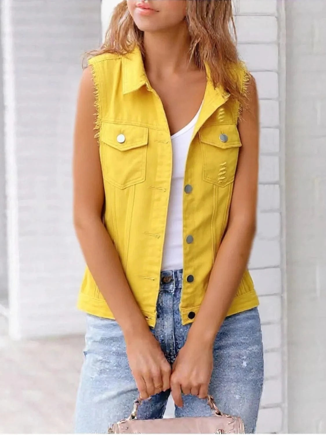 Full Size Sleeveless Frayed Denim Vest Jacket Plus Size - ShalayeFashion