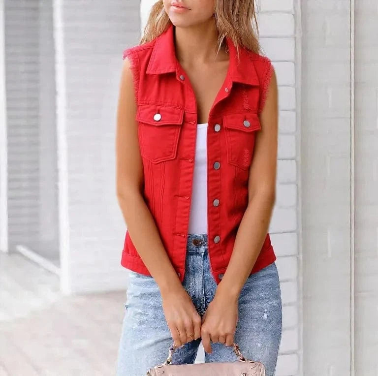 Full Size Sleeveless Frayed Denim Vest Jacket Plus Size - ShalayeFashion