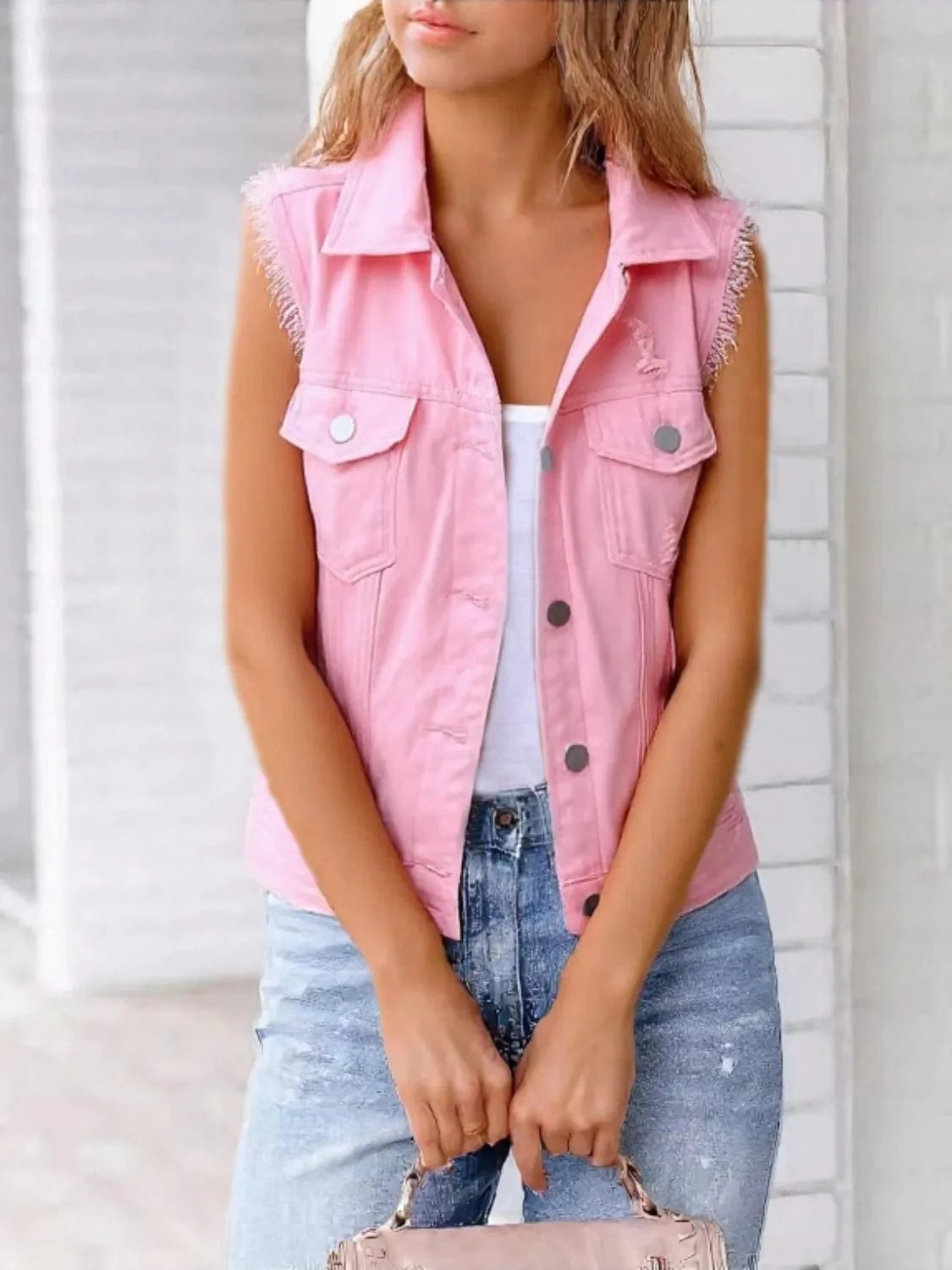 Full Size Sleeveless Frayed Denim Vest Jacket Plus Size - ShalayeFashion