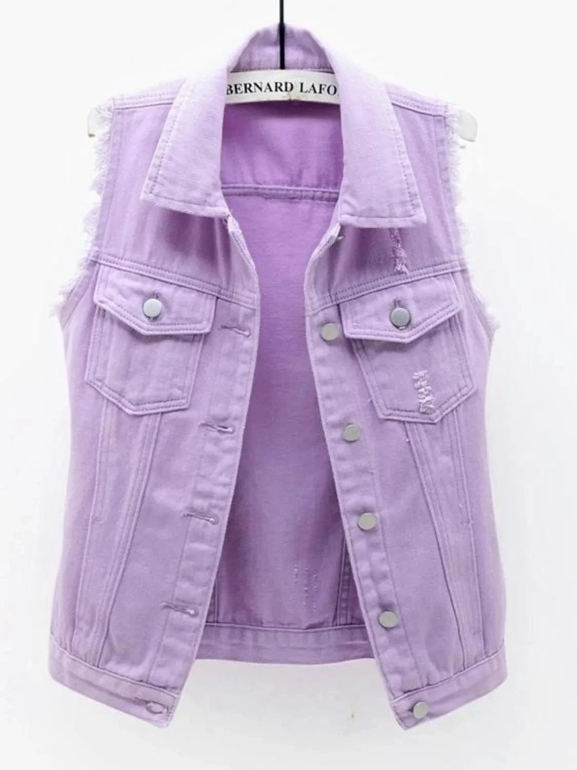 Full Size Sleeveless Frayed Denim Vest Jacket Plus Size - ShalayeFashion