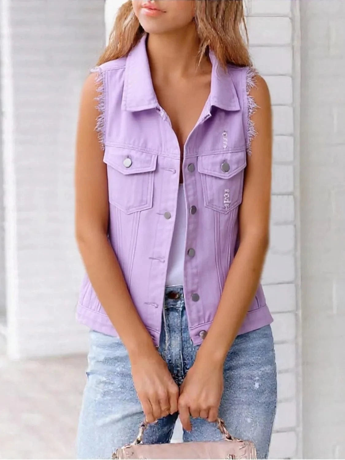 Full Size Sleeveless Frayed Denim Vest Jacket Plus Size - ShalayeFashion
