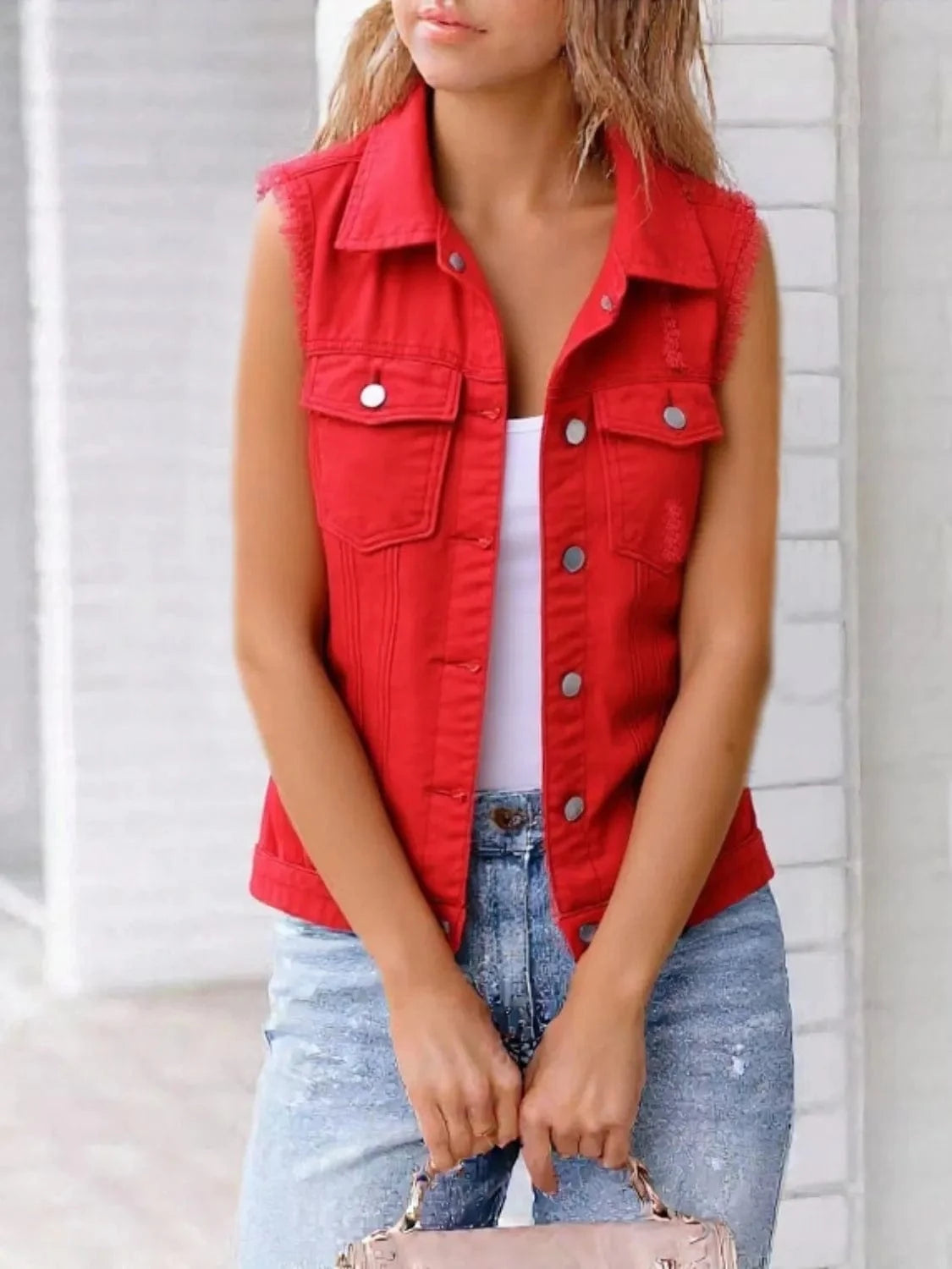 Full Size Sleeveless Frayed Denim Vest Jacket Plus Size - ShalayeFashion